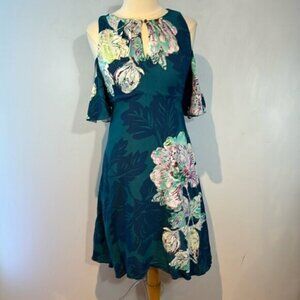 Maeve Anthropologie Elia Floral Print Cold Open Shoulder Dress Size 8 Teal Blue